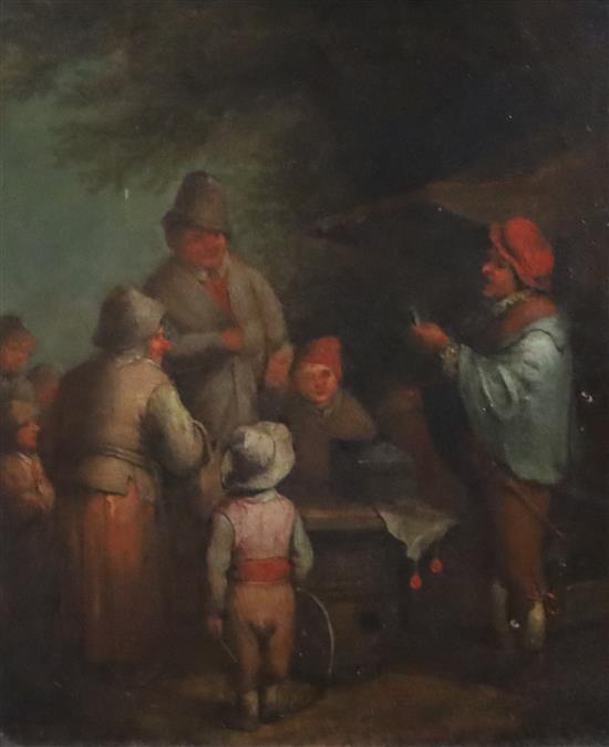 After Adriaen Jansz. Van Ostade (1610-1685) Figures around a market stall 8 x 6.5in.